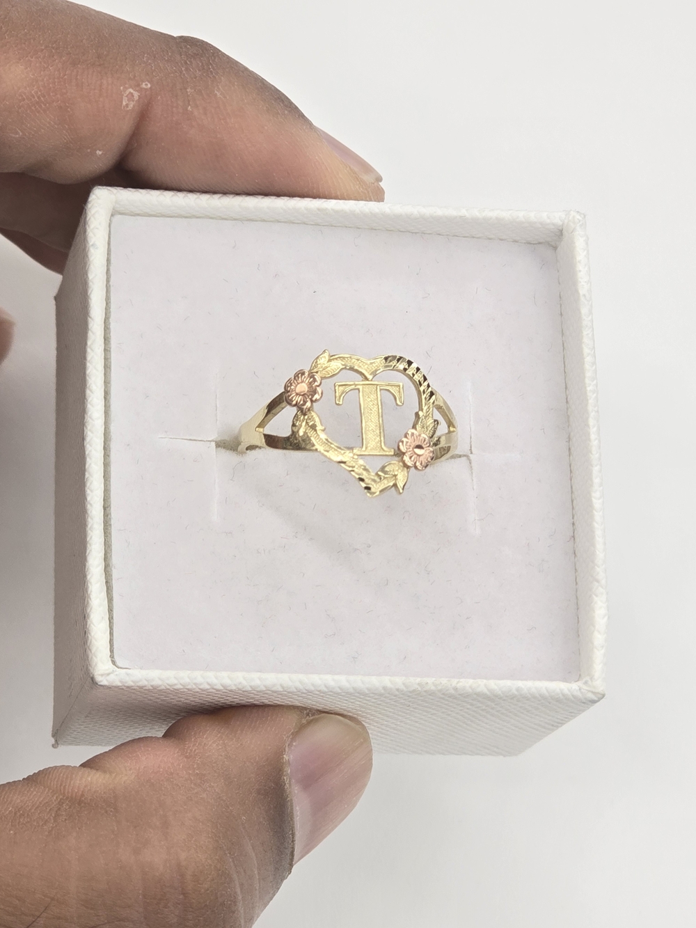 10k Real Gold Heart Initial T Ring For Women